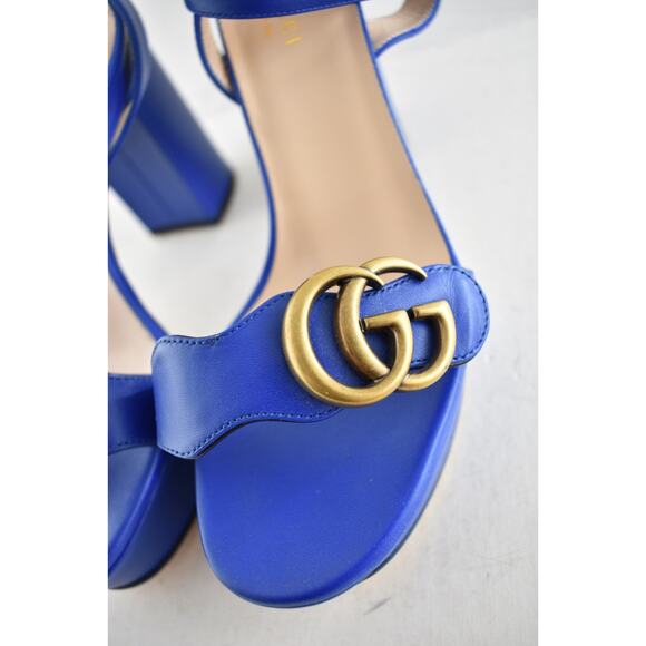 Gucci Marmont Blue Leather Gold G Logo Block Heel Ankle Strap Platform Sandal 36 - Picture 7 of 12